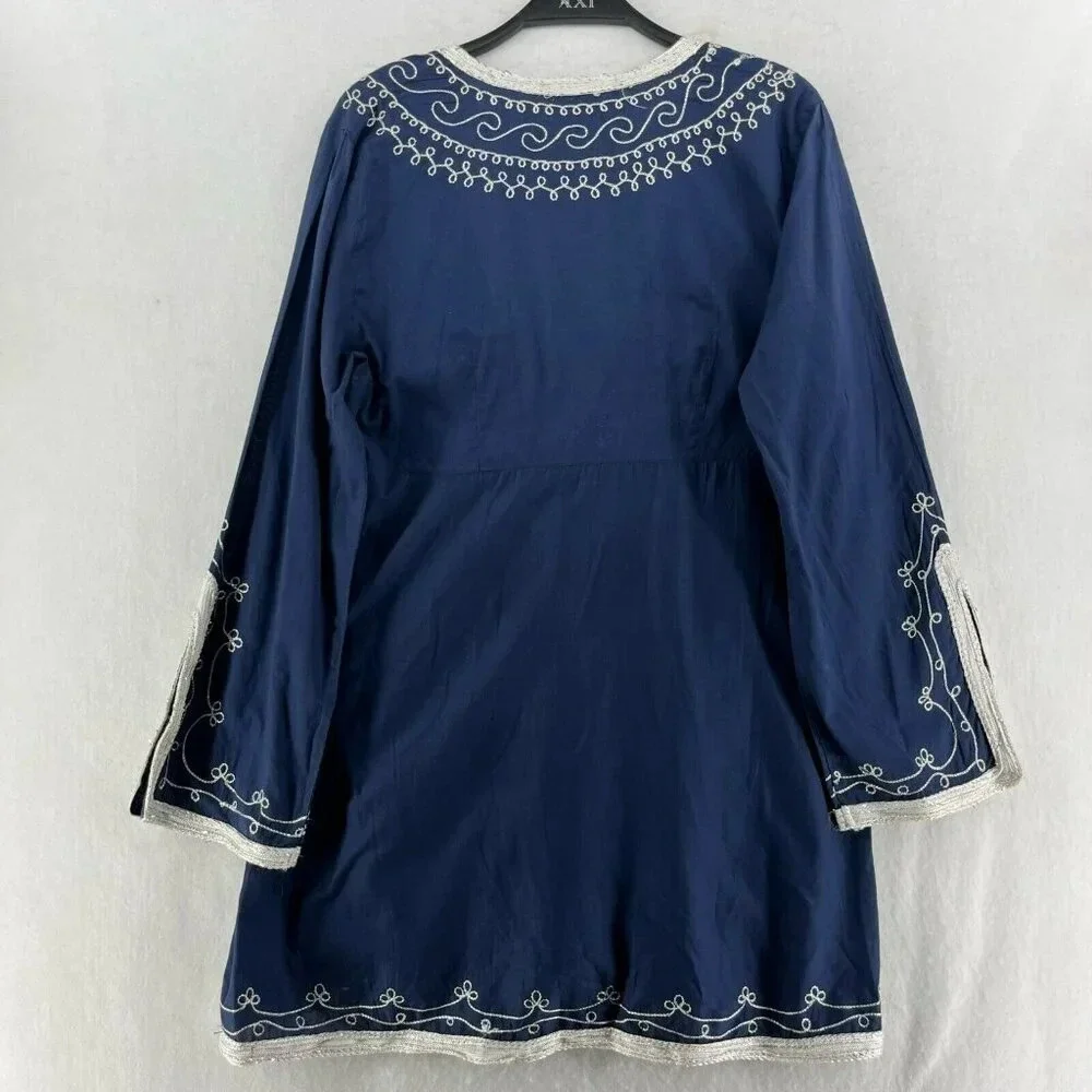 Adrienne Vittadini Dress Tunic M Blue Embroidered V Neck Flare Hem Unlined Boho - Picture 2 of 13